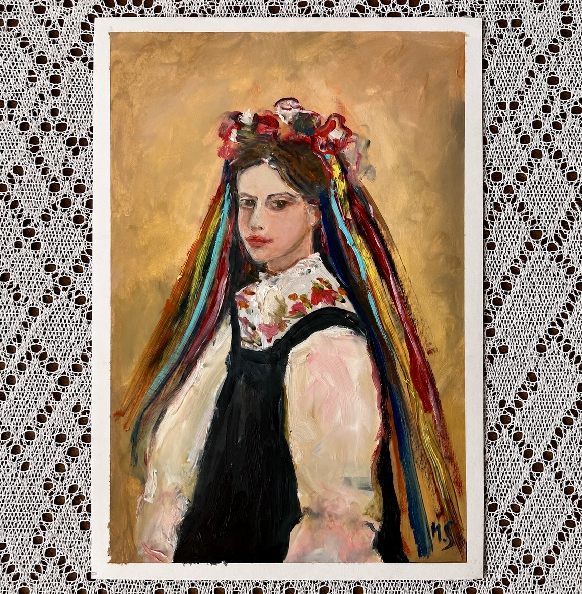 Ukrainian Girl in a Vyshyvanka and Flower Wreath — original painting by Marina Stognieva, oil on paper, 21 × 30 cm, 2026